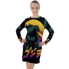 Godzilla Retrowave Long Sleeve Hoodie Dress