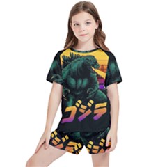 Godzilla Retrowave Kids  T-Shirt And Sports Shorts Set
