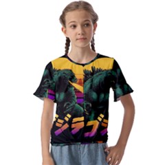 Godzilla Retrowave Kids  Cuff Sleeve Scrunch Bottom T-Shirt