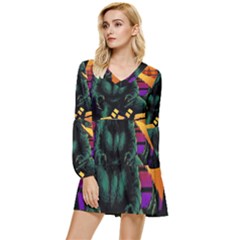 Godzilla Retrowave Tiered Long Sleeve Mini Dress