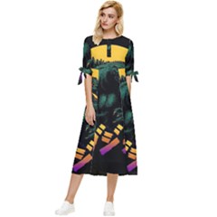 Godzilla Retrowave Bow Sleeve Chiffon Midi Dress