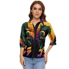 Godzilla Retrowave Women s Quarter Sleeve Pocket Shirt