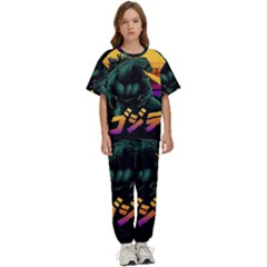 Godzilla Retrowave Kids  T-Shirt and Pants Sports Set