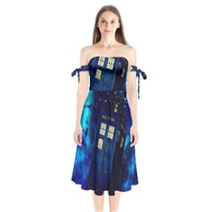 Tardis Doctor Who Space Galaxy Shoulder Tie Bardot Midi Dress by Cendanart