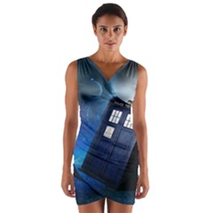 Tardis Doctor Who Space Blue Wrap Front Bodycon Dress by Cendanart