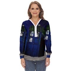 Stuck Tardis Beach Doctor Who Police Box Sci-fi Zip Up Long Sleeve Blouse