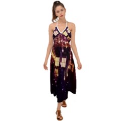 Tardis Regeneration Art Doctor Who Paint Purple Sci Fi Space Star Time Machine Halter Tie Back Dress  by Cendanart