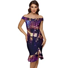 Tardis Regeneration Art Doctor Who Paint Purple Sci Fi Space Star Time Machine Off Shoulder Ruffle Split Hem Bodycon Dress by Cendanart