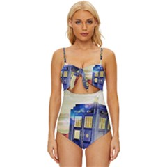 Tardis Wilderness Doctor Who Knot Front One-piece Swimsuit by Cendanart