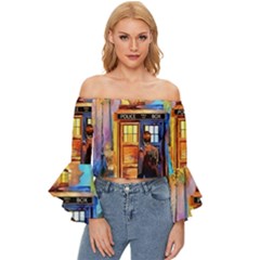 Tardis Doctor Who Paint Painting Off Shoulder Flutter Bell Sleeve Top