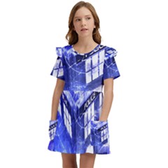 Tardis Doctor Who Blue Travel Machine Kids  Frilly Sleeves Pocket Dress