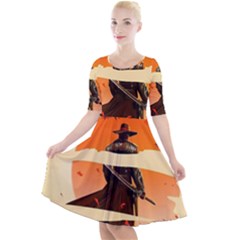 Samurai Art Ninja Katana Anime Aesthetic  Japanese Lore Style Mythology Retro Classic Warrior Quarter Sleeve A-Line Dress