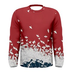 Red Sun Sea Waves Bird Japanese Art Minimalist Men s Long Sleeve T-shirt by Bedest