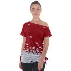 Red Sun Sea Waves Bird Japanese Art Minimalist Off Shoulder Tie-up T-shirt