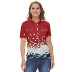 Red Sun Sea Waves Bird Japanese Art Minimalist Women s Short Sleeve Double Pocket Shirt