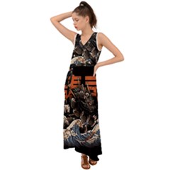 Sushi Dragon Japanese V-neck Chiffon Maxi Dress