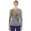 Vintage World Map V-Neck Long Sleeve Top View1