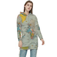 Vintage World Map Women s Long Oversized Pullover Hoodie