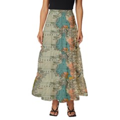 Vintage World Map Tiered Ruffle Maxi Skirt