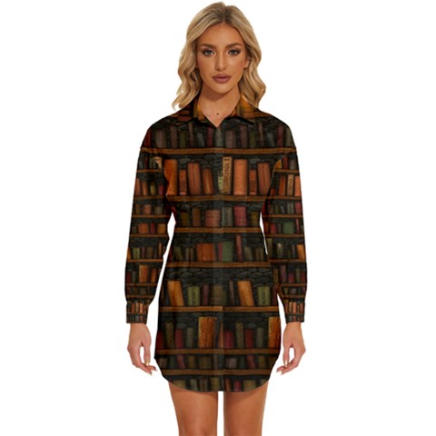 Books Library Womens Long Sleeve Shirt Dress by Ket1n9