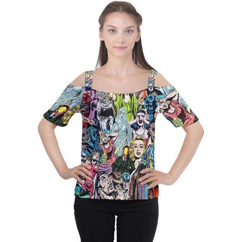 Vintage Horror Collage Pattern Cutout Shoulder T-shirt by Ket1n9