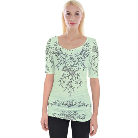 Illustration Of Butterflies And Flowers Ornament On Green Background Wide Neckline T-shirt by Ket1n9