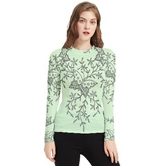 Illustration Of Butterflies And Flowers Ornament On Green Background Women s Long Sleeve Rash Guard by Ket1n9