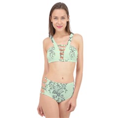 Illustration Of Butterflies And Flowers Ornament On Green Background Cage Up Bikini Set by Ket1n9