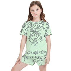 Illustration Of Butterflies And Flowers Ornament On Green Background Kids  T-shirt And Sports Shorts Set by Ket1n9