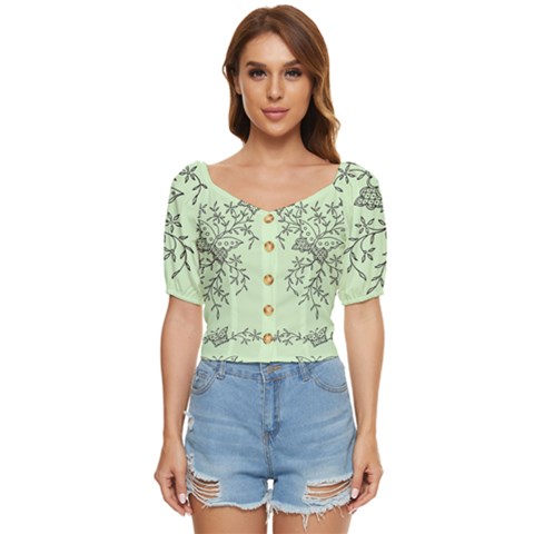 Illustration Of Butterflies And Flowers Ornament On Green Background Button Up Blouse by Ket1n9