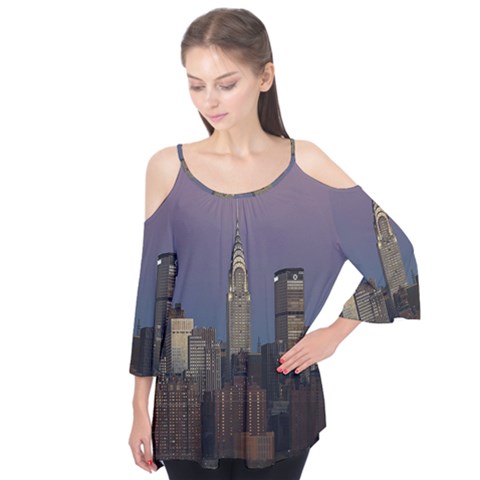 Skyline City Manhattan New York Flutter Sleeve T-shirt  by Ket1n9