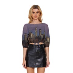Skyline City Manhattan New York Mid Sleeve Drawstring Hem Top by Ket1n9