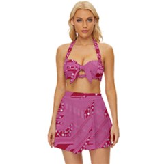 Pink Circuit Pattern Vintage Style Bikini Top And Skirt Set  by Ket1n9