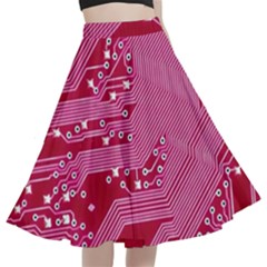 Pink Circuit Pattern A-line Full Circle Midi Skirt With Pocket by Ket1n9