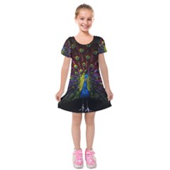 Beautiful Peacock Feather Kids  Short Sleeve Velvet Dress by Ket1n9