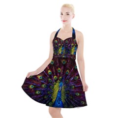 Beautiful Peacock Feather Halter Party Swing Dress  by Ket1n9