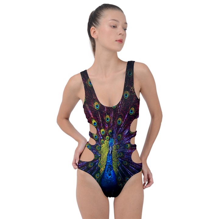 Beautiful Peacock Feather Side Cut Out Swimsuit