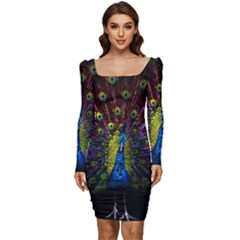 Beautiful Peacock Feather Women Long Sleeve Ruched Stretch Jersey Dress by Ket1n9