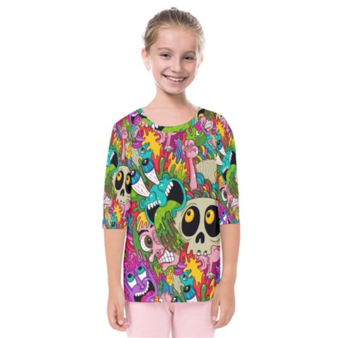 Crazy Illustrations & Funky Monster Pattern Kids  Quarter Sleeve Raglan T-shirt by Ket1n9