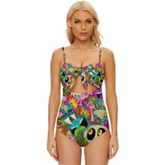 Crazy Illustrations & Funky Monster Pattern Knot Front One-piece Swimsuit by Ket1n9