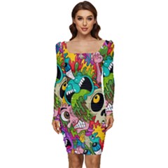 Crazy Illustrations & Funky Monster Pattern Women Long Sleeve Ruched Stretch Jersey Dress by Ket1n9
