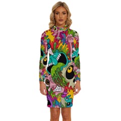 Crazy Illustrations & Funky Monster Pattern Long Sleeve Shirt Collar Bodycon Dress by Ket1n9