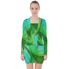 Sunlight Filtering Through Transparent Leaves Green Blue V-neck Bodycon Long Sleeve Dress by Ket1n9