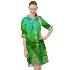 Sunlight Filtering Through Transparent Leaves Green Blue Long Sleeve Mini Shirt Dress by Ket1n9