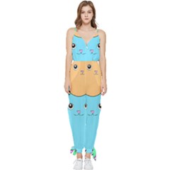 Cat Animals Cartoon Pattern Sleeveless Tie Ankle Chiffon Jumpsuit by Cendanart