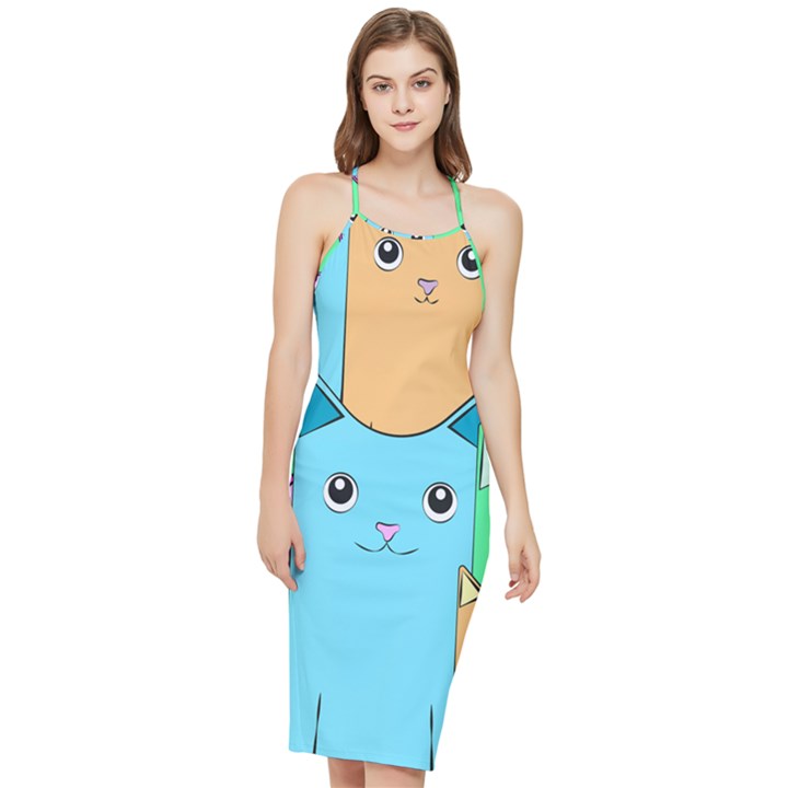 Cat Animals Cartoon Pattern Bodycon Cross Back Summer Dress