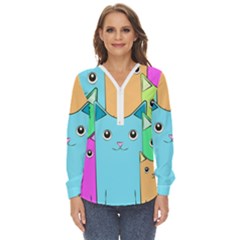 Cat Animals Cartoon Pattern Zip Up Long Sleeve Blouse