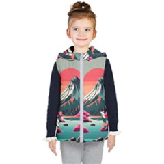 Mountain Landscape Sky Fuji Nature Kids  Hooded Puffer Vest by Cendanart