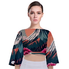 Mountain Landscape Sky Fuji Nature Tie Back Butterfly Sleeve Chiffon Top by Cendanart