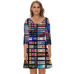 Vintage Cassette Music Old Record Retro Tape Shoulder Cut Out Zip Up Dress